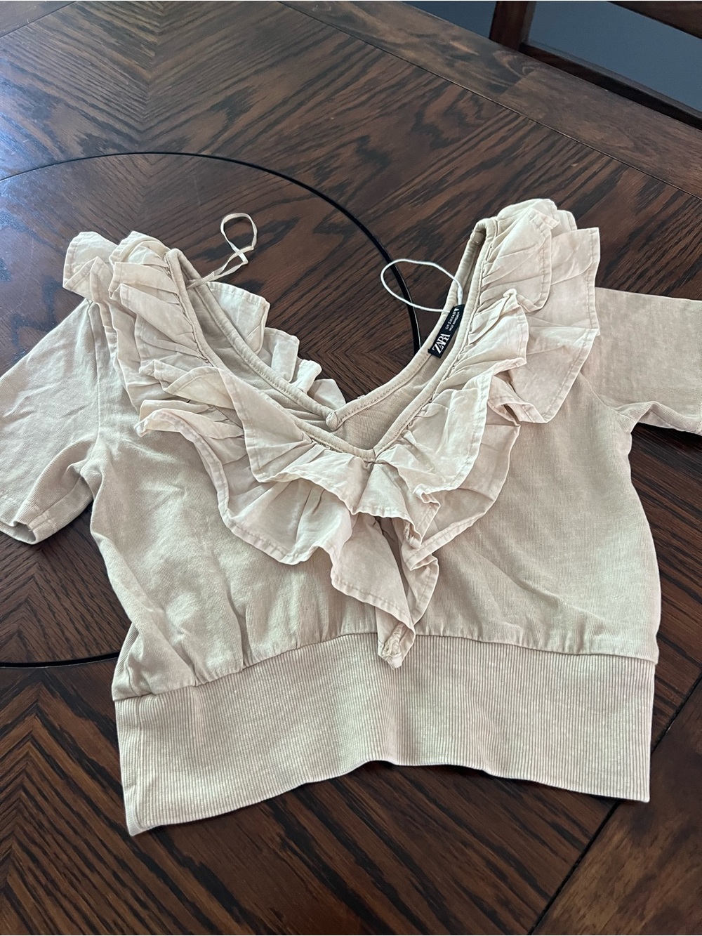 ZARA Beige Solid Knit Ruffle V-Neck Short Sleeve Stretch Top Women’s S # 591